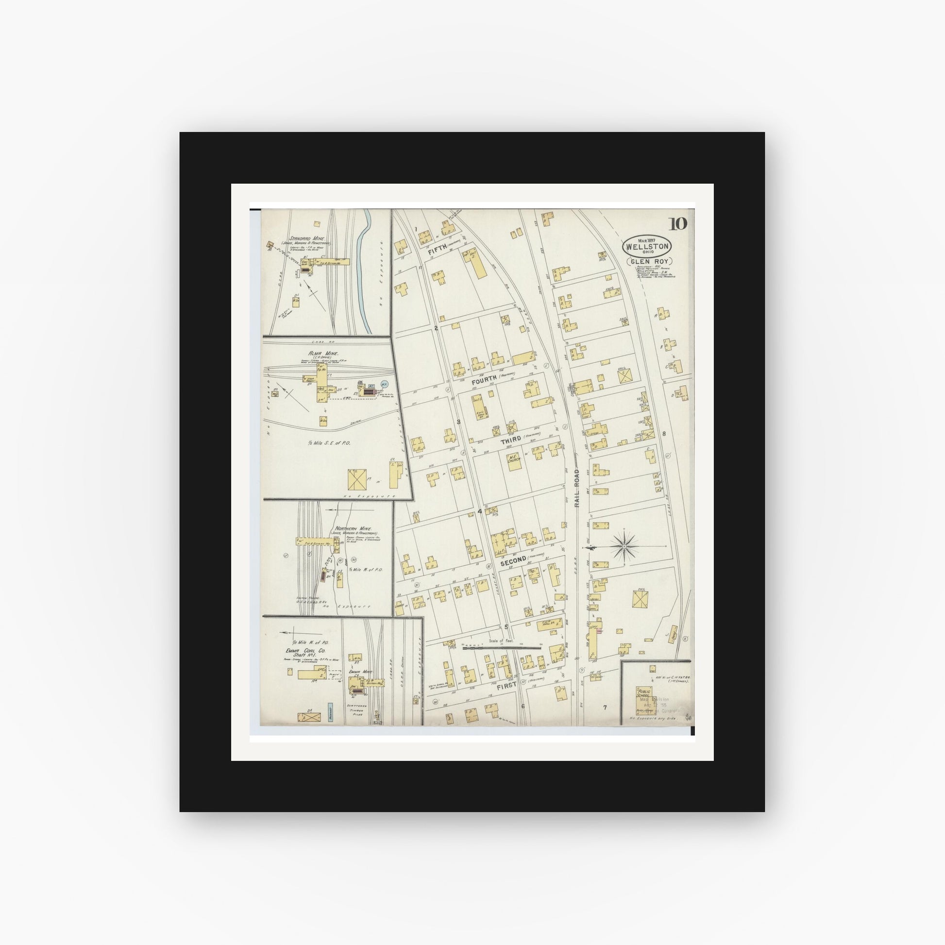 Old map wall art mockup — black gallery frame with white mat — Sanborn Fire Insurance Map from Wellston, Jackson County, Ohio (1897), Sheet #0010