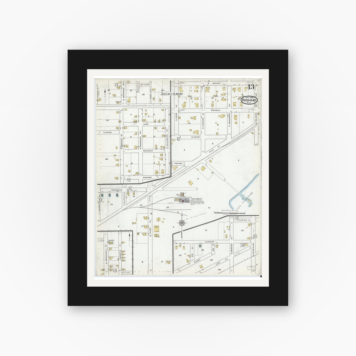 Old map wall art mockup — black gallery frame with white mat — Sanborn Fire Insurance Map from Kissimmee, Osceola County, Florida (1920), Sheet #0013