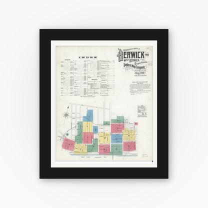 Old map wall art mockup — black gallery frame with white mat — Sanborn Fire Insurance Map from Berwick, Columbia County, Pennsylvania (1907), Sheet #0001