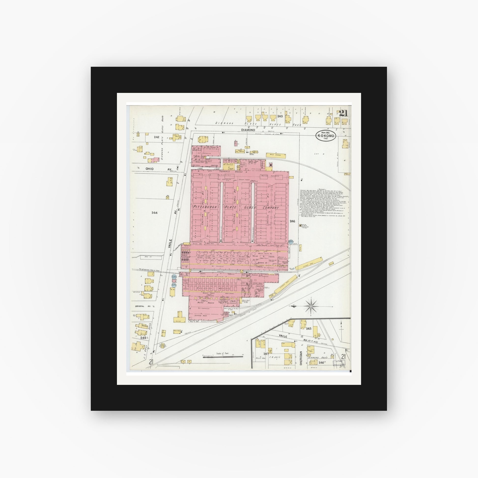 Old map wall art mockup — black gallery frame with white mat — Sanborn Fire Insurance Map from Kokomo, Howard County, Indiana (1902), Sheet #0021