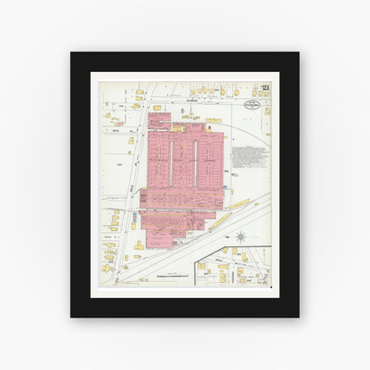 Old map wall art mockup — black gallery frame with white mat — Sanborn Fire Insurance Map from Kokomo, Howard County, Indiana (1902), Sheet #0021
