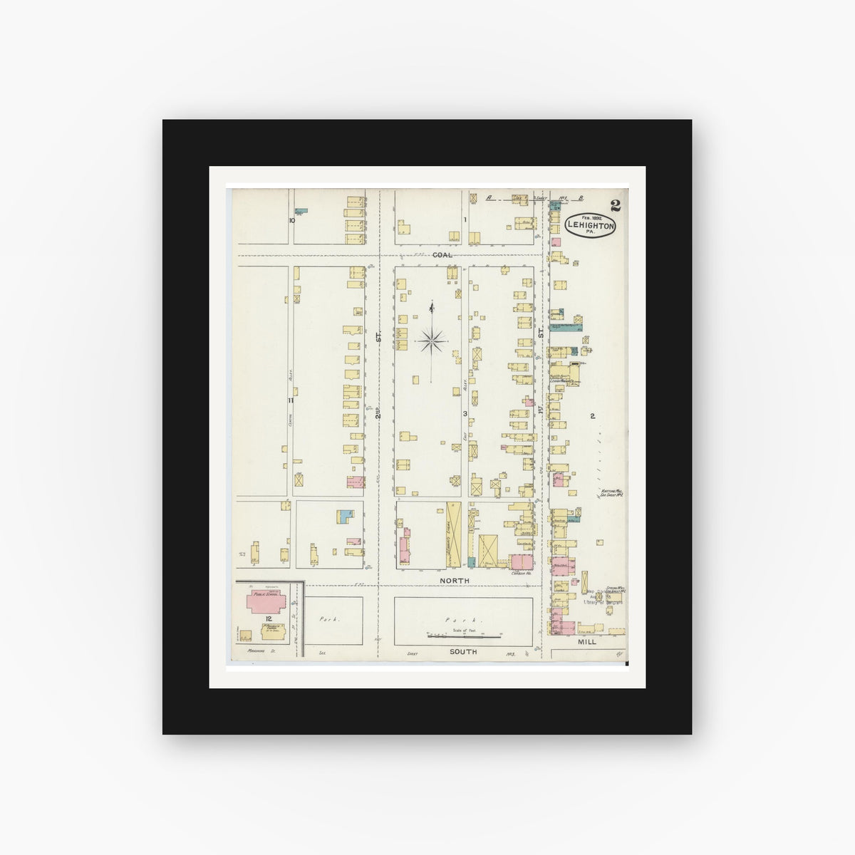 Old map wall art mockup — black gallery frame with white mat — Sanborn Fire Insurance Map from Lehighton, Carbon County, Pennsylvania (1892), Sheet #0002