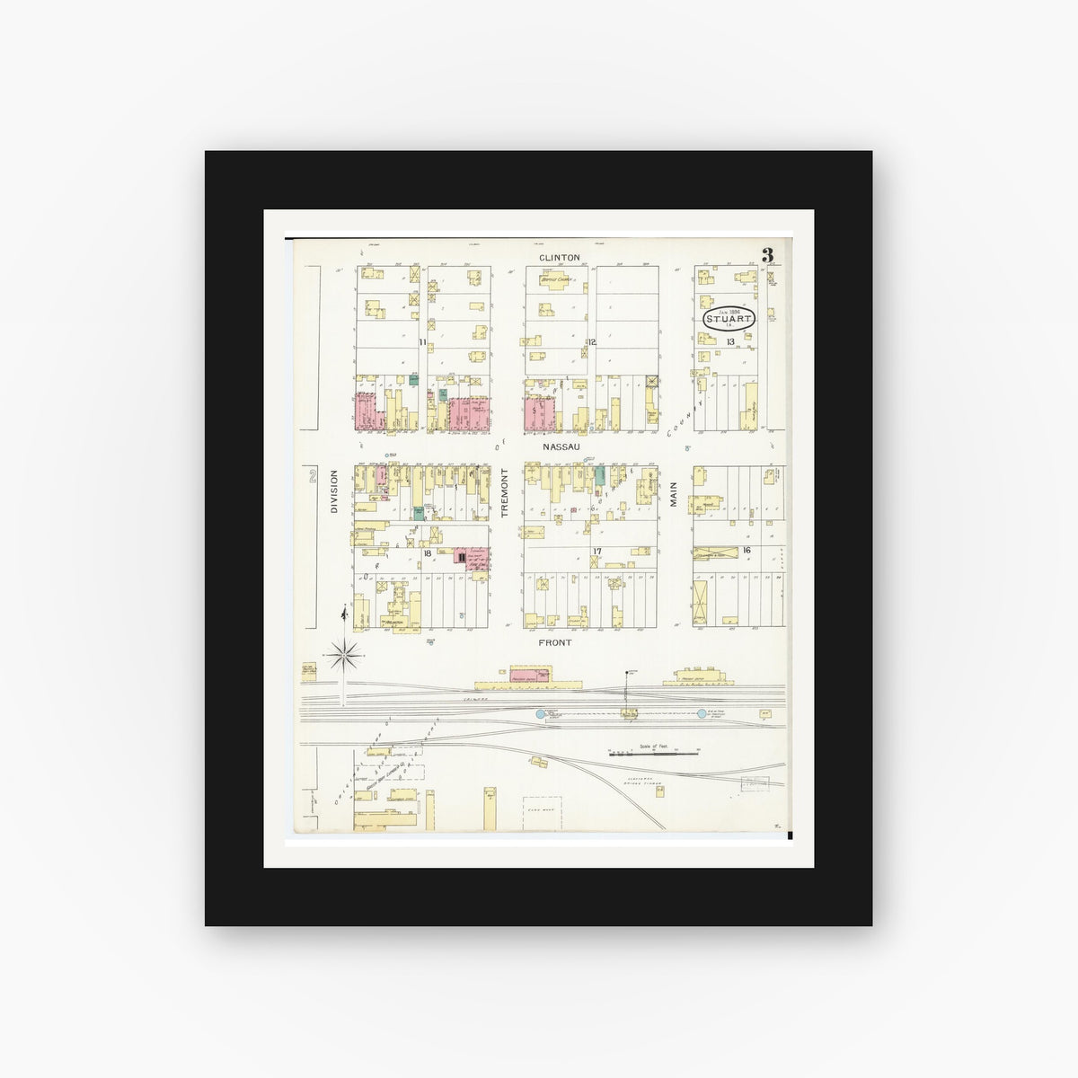 Old map wall art mockup — black gallery frame with white mat — Sanborn Fire Insurance Map from Stuart, Guthrie and Adair Counties, Iowa (1894), Sheet #0003