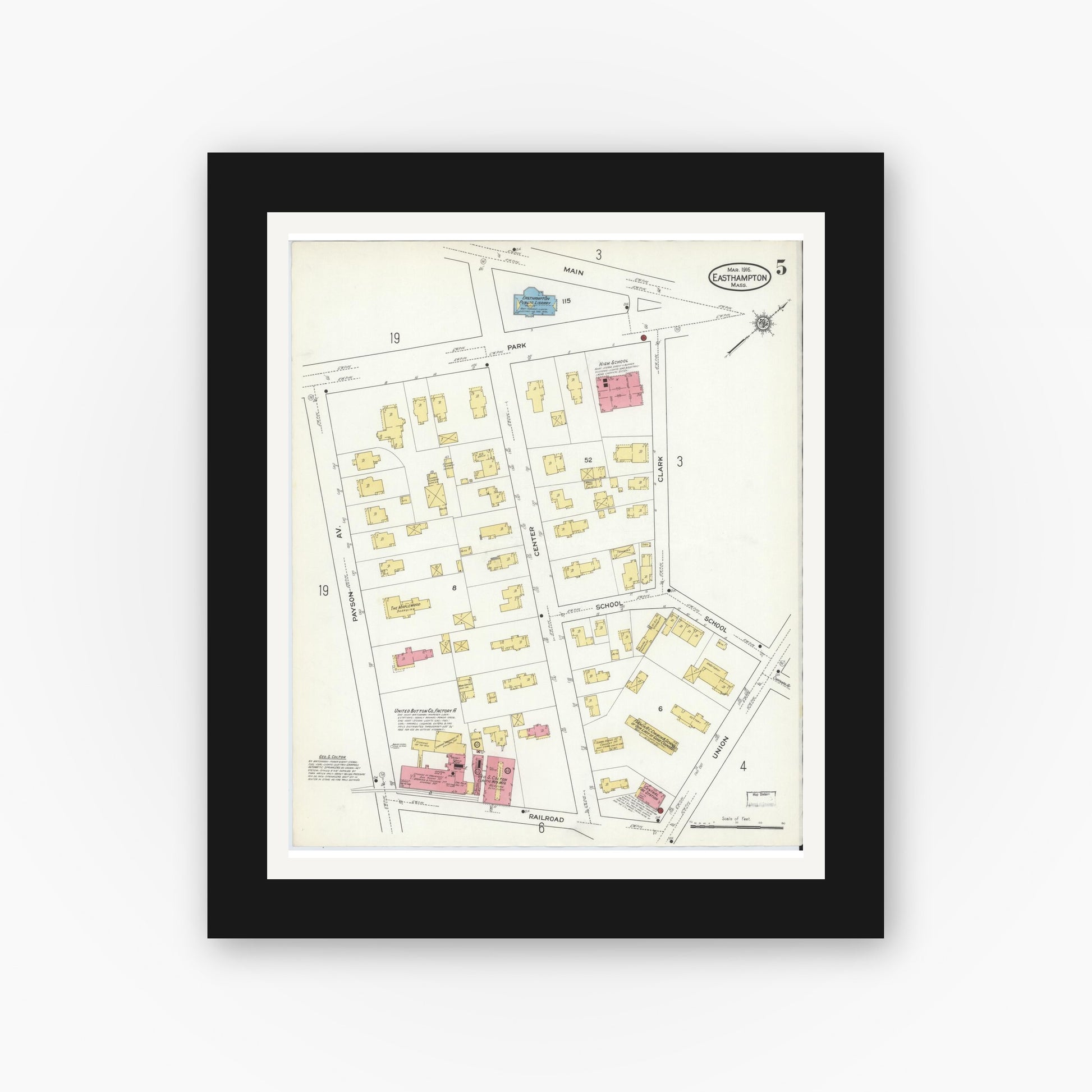 Old map wall art mockup — black gallery frame with white mat — Sanborn Fire Insurance Map from East Hampton, Hampshire County, Massachusetts (1916), Sheet #0005