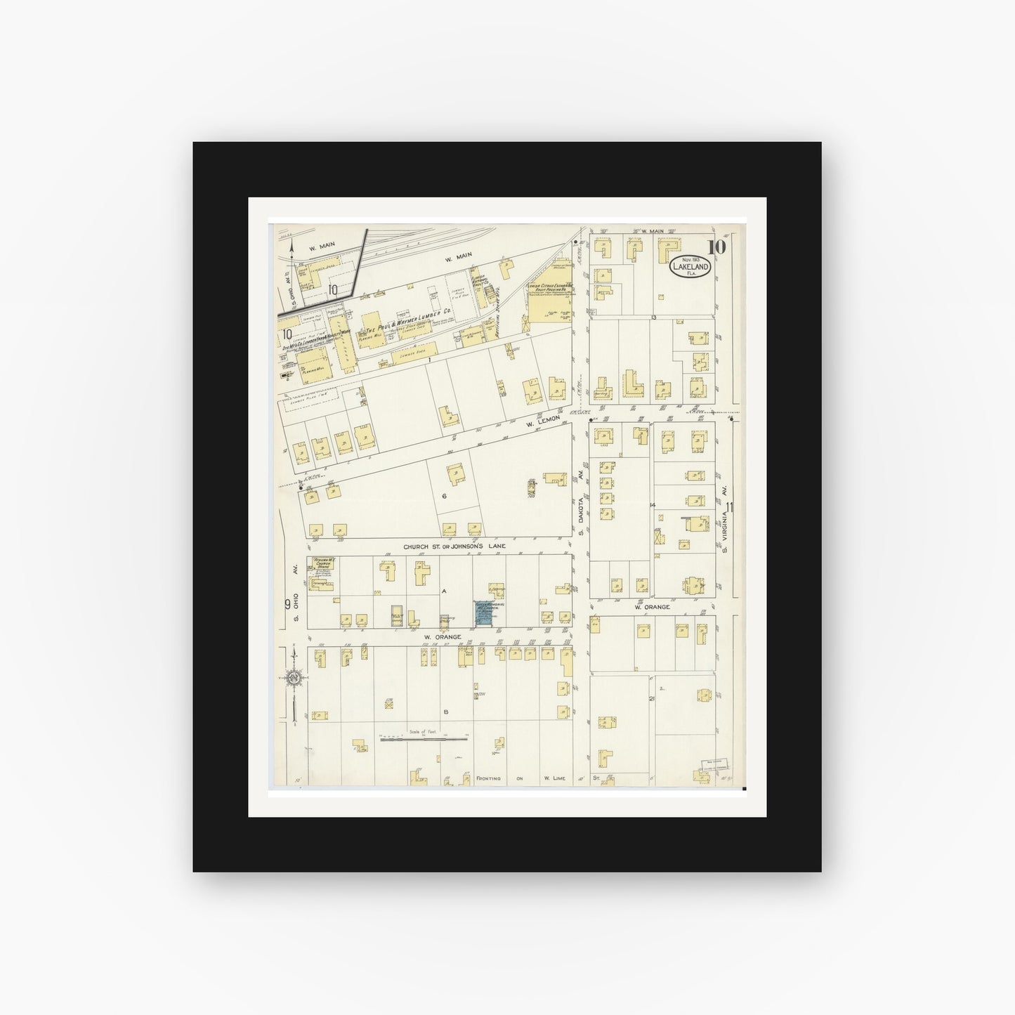 Old map wall art mockup — black gallery frame with white mat — Sanborn Fire Insurance Map from Lakeland, Polk County, Florida (1913), Sheet #0010