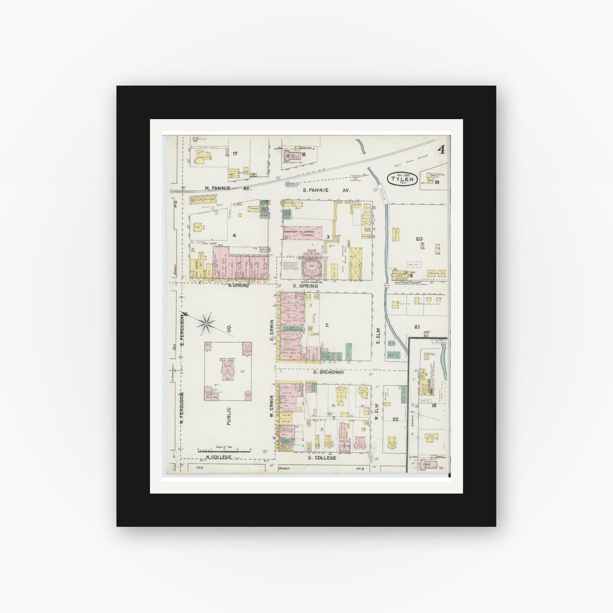 Old map wall art mockup — black gallery frame with white mat — Sanborn Fire Insurance Map from Tyler, Smith County, Texas (1889), Sheet #0004