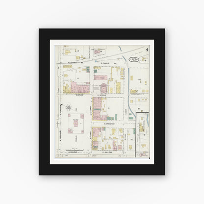 Old map wall art mockup — black gallery frame with white mat — Sanborn Fire Insurance Map from Tyler, Smith County, Texas (1889), Sheet #0004