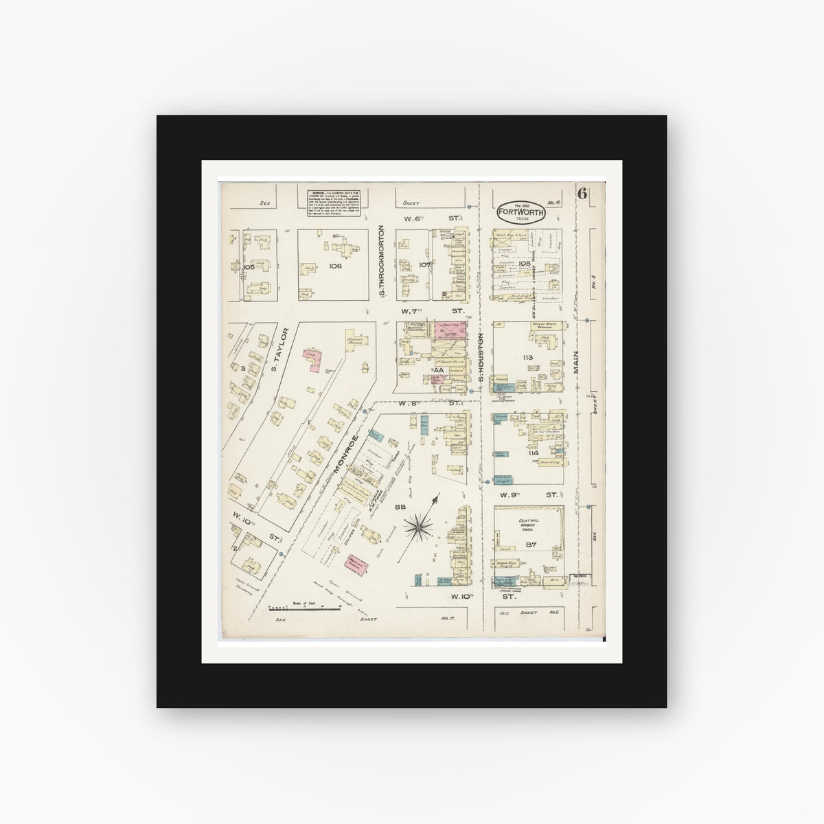 Old map wall art mockup — black gallery frame with white mat — Sanborn Fire Insurance Map from Fort Worth, Tarrant County, Texas (1885), Sheet #0006
