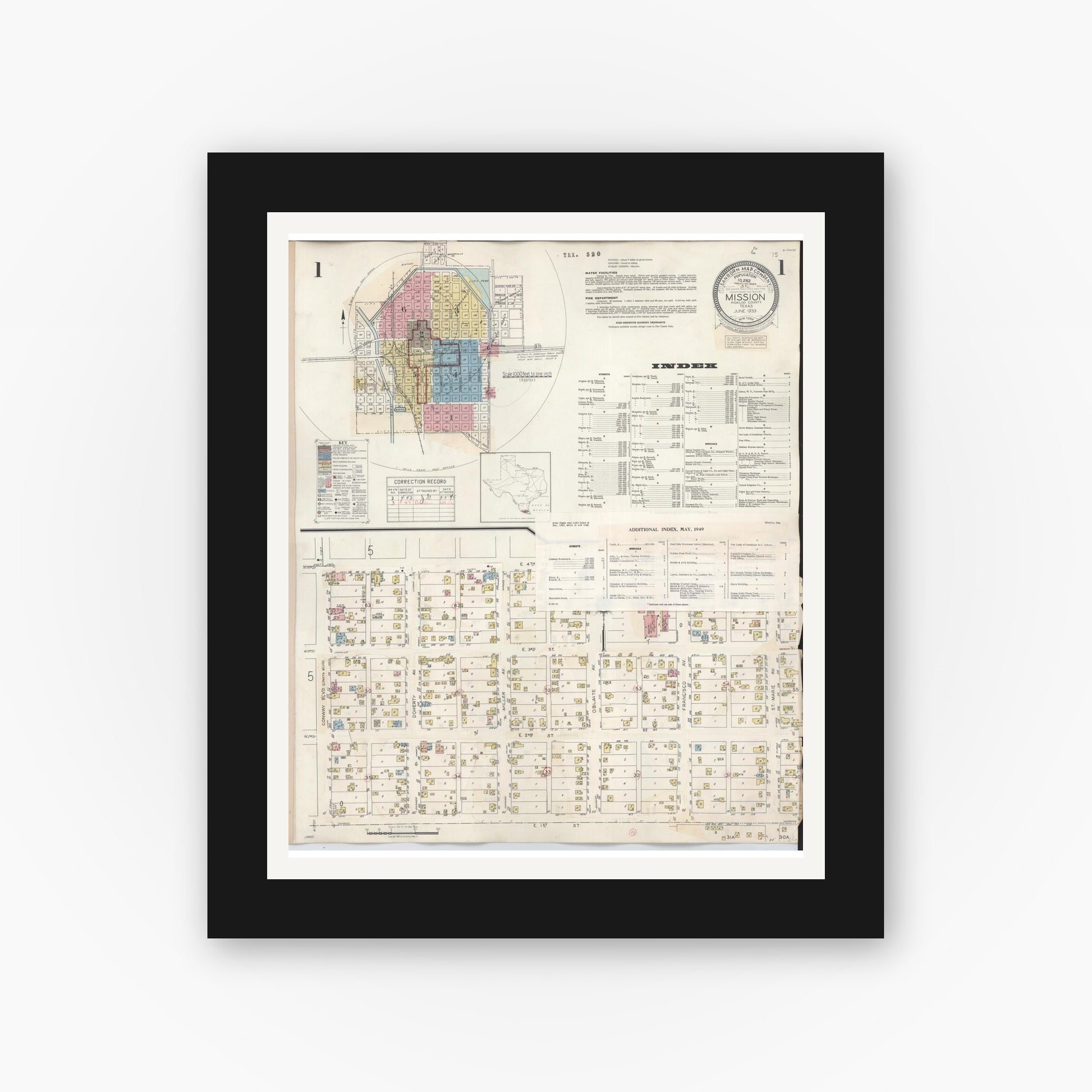 Old map wall art mockup — black gallery frame with white mat — Sanborn Fire Insurance Map from Mission, Hidalgo County, Texas (1949), Sheet #0001