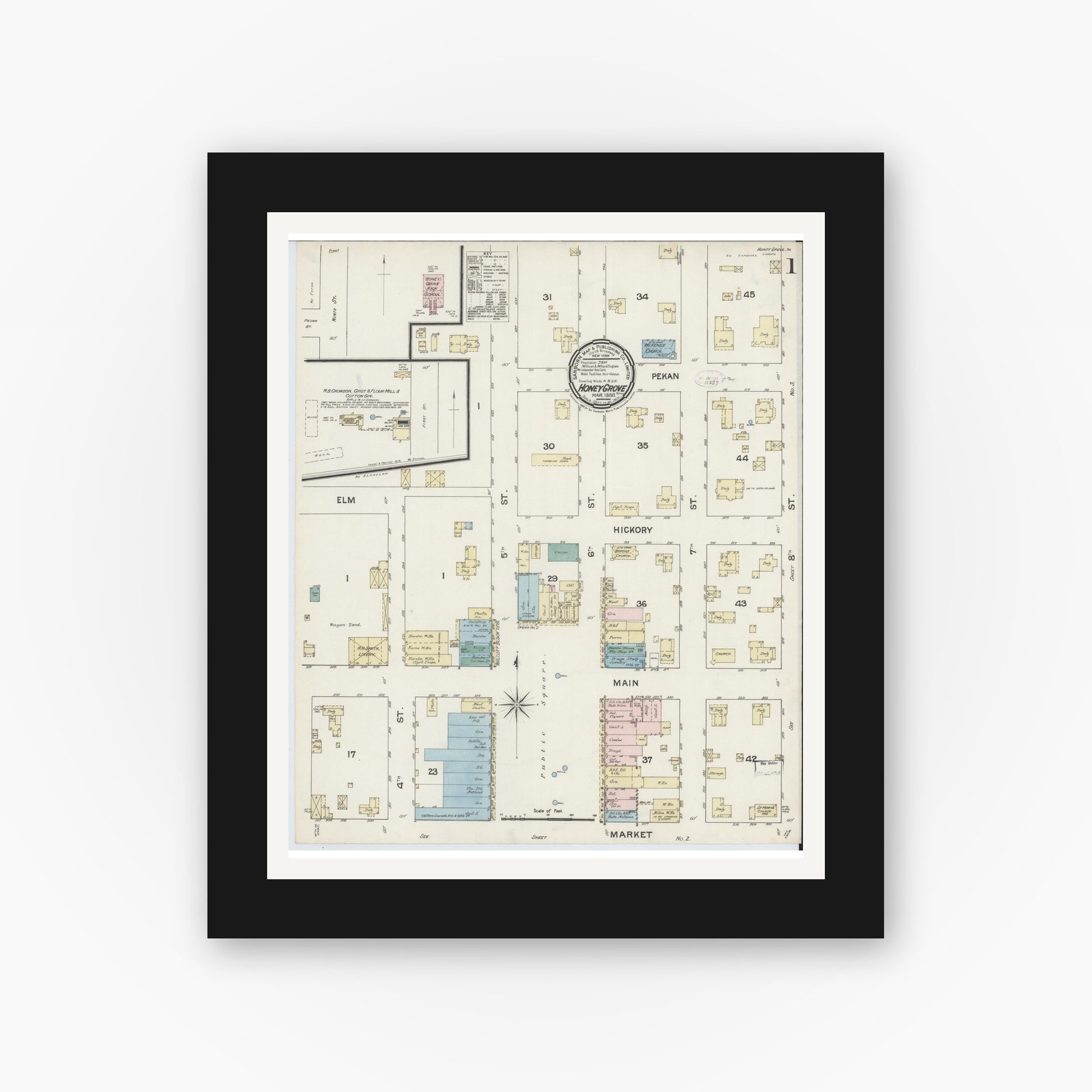 Old map wall art mockup — black gallery frame with white mat — Sanborn Fire Insurance Map from Honey Grove, Fannin County, Texas (1888) - Complete Map Set