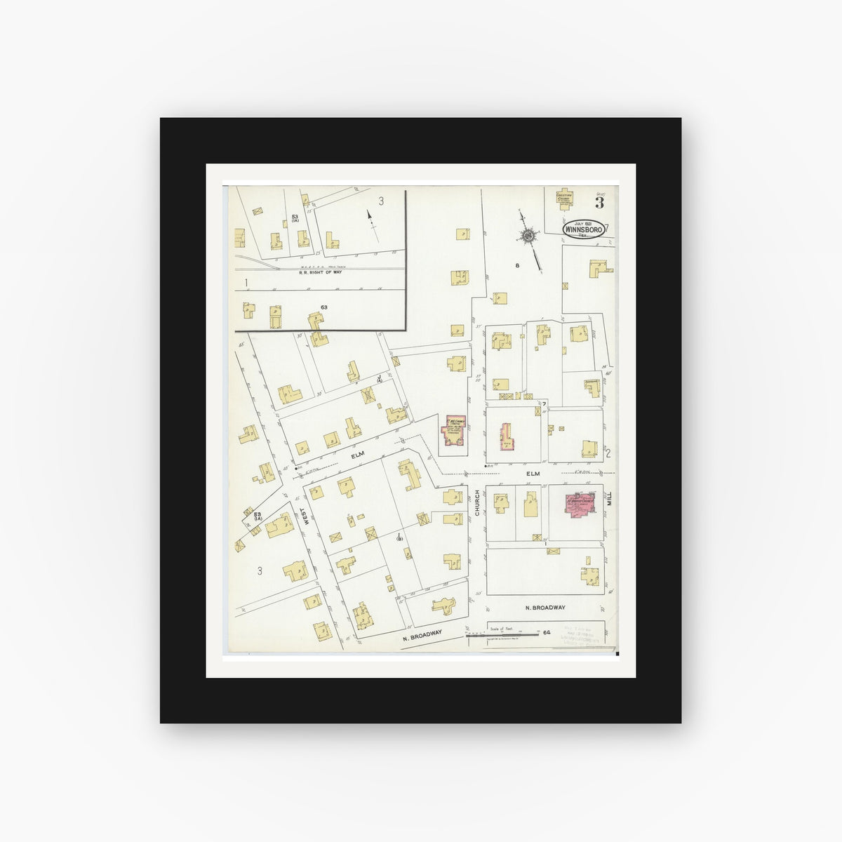 Old map wall art mockup — black gallery frame with white mat — Sanborn Fire Insurance Map from Winnsboro, Wood County, Texas (1921), Sheet #0003