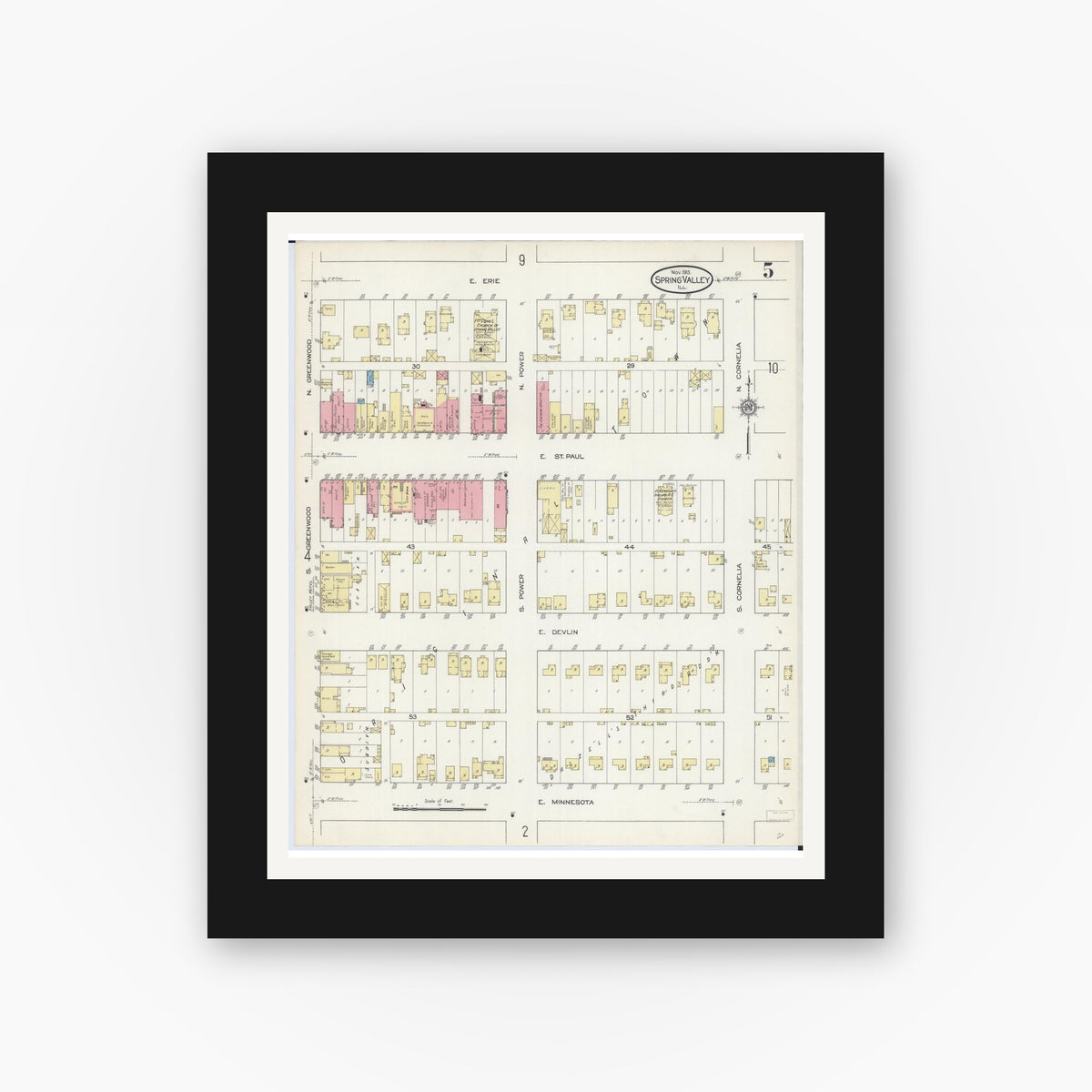 Old map wall art mockup — black gallery frame with white mat — Sanborn Fire Insurance Map from Spring Valley, Bureau County, Illinois (1913), Sheet #0005