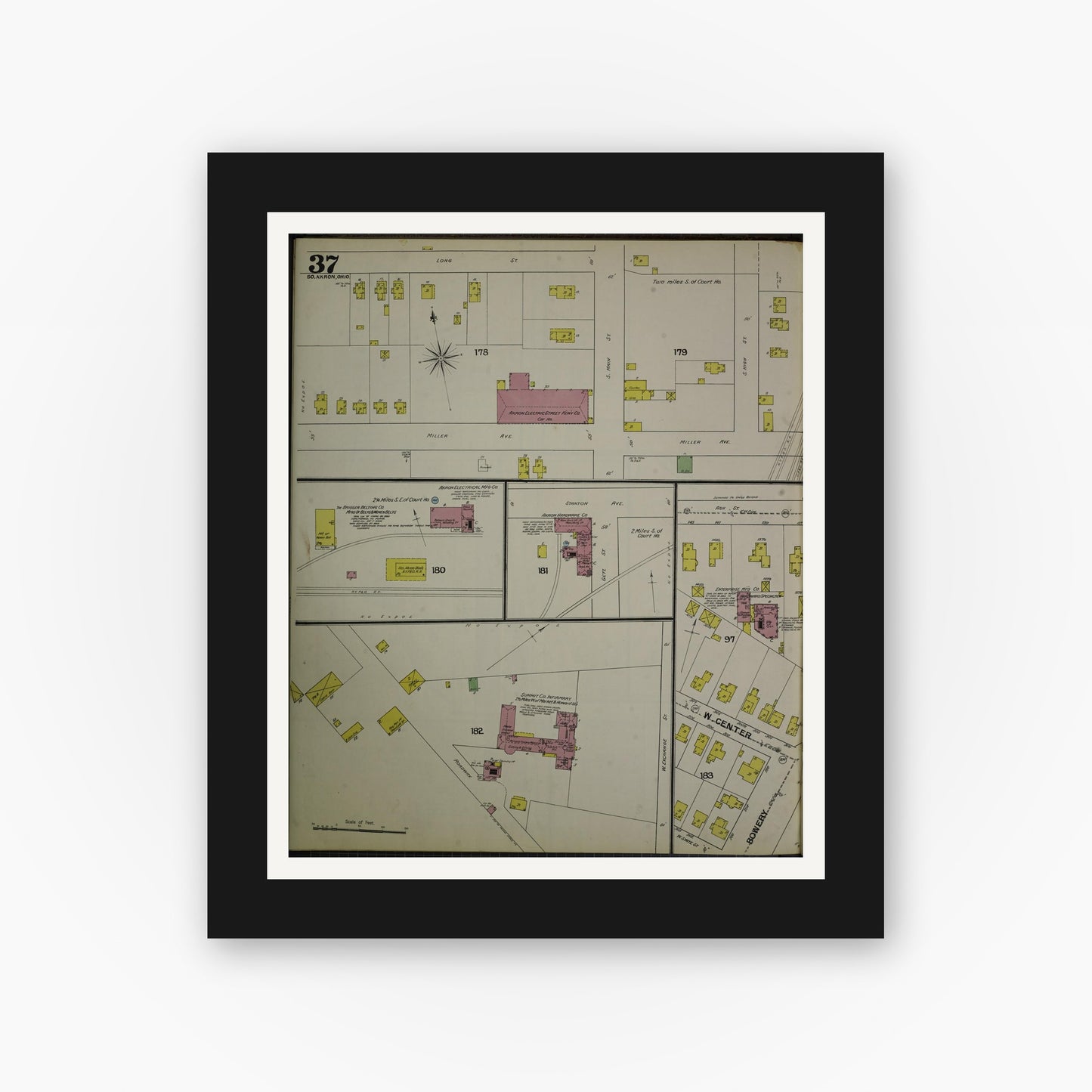 Old map wall art mockup — black gallery frame with white mat — Sanborn Fire Insurance Map from Akron, Summit County, Ohio (1892), Sheet #0037