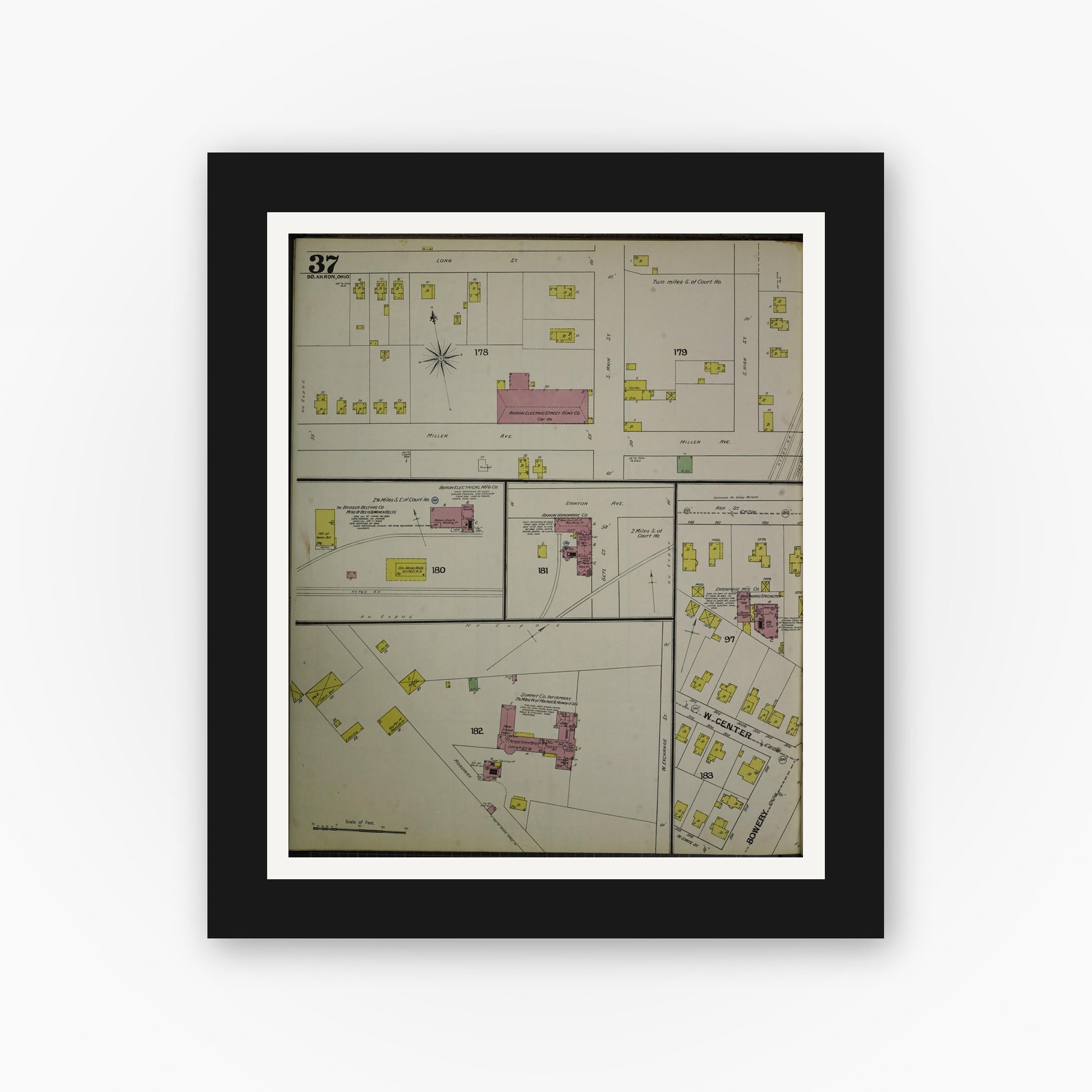Old map wall art mockup — black gallery frame with white mat — Sanborn Fire Insurance Map from Akron, Summit County, Ohio (1892), Sheet #0037