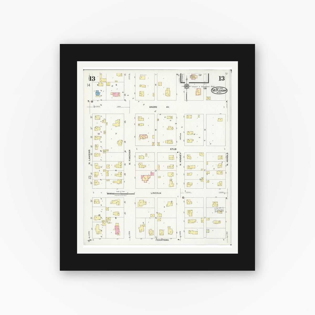 Old map wall art mockup — black gallery frame with white mat — Sanborn Fire Insurance Map from Mount Pleasant, Isabella County, Michigan (1924), Sheet #0013