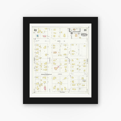 Old map wall art mockup — black gallery frame with white mat — Sanborn Fire Insurance Map from Mount Pleasant, Isabella County, Michigan (1924), Sheet #0013