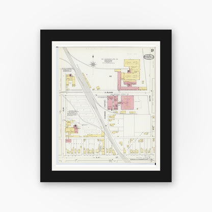Old map wall art mockup — black gallery frame with white mat — Sanborn Fire Insurance Map from Mansfield, Richland County, Ohio (1892), Sheet #0009