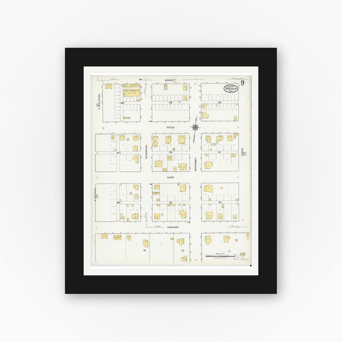 Old map wall art mockup — black gallery frame with white mat — Sanborn Fire Insurance Map from Mexia, Limestone County, Texas (1921), Sheet #0009