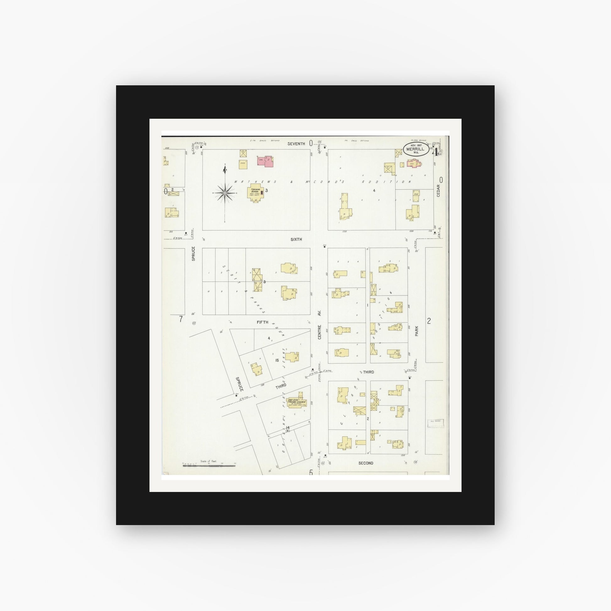 Old map wall art mockup — black gallery frame with white mat — Sanborn Fire Insurance Map from Merrill, Lincoln County, Wisconsin (1907), Sheet #0004