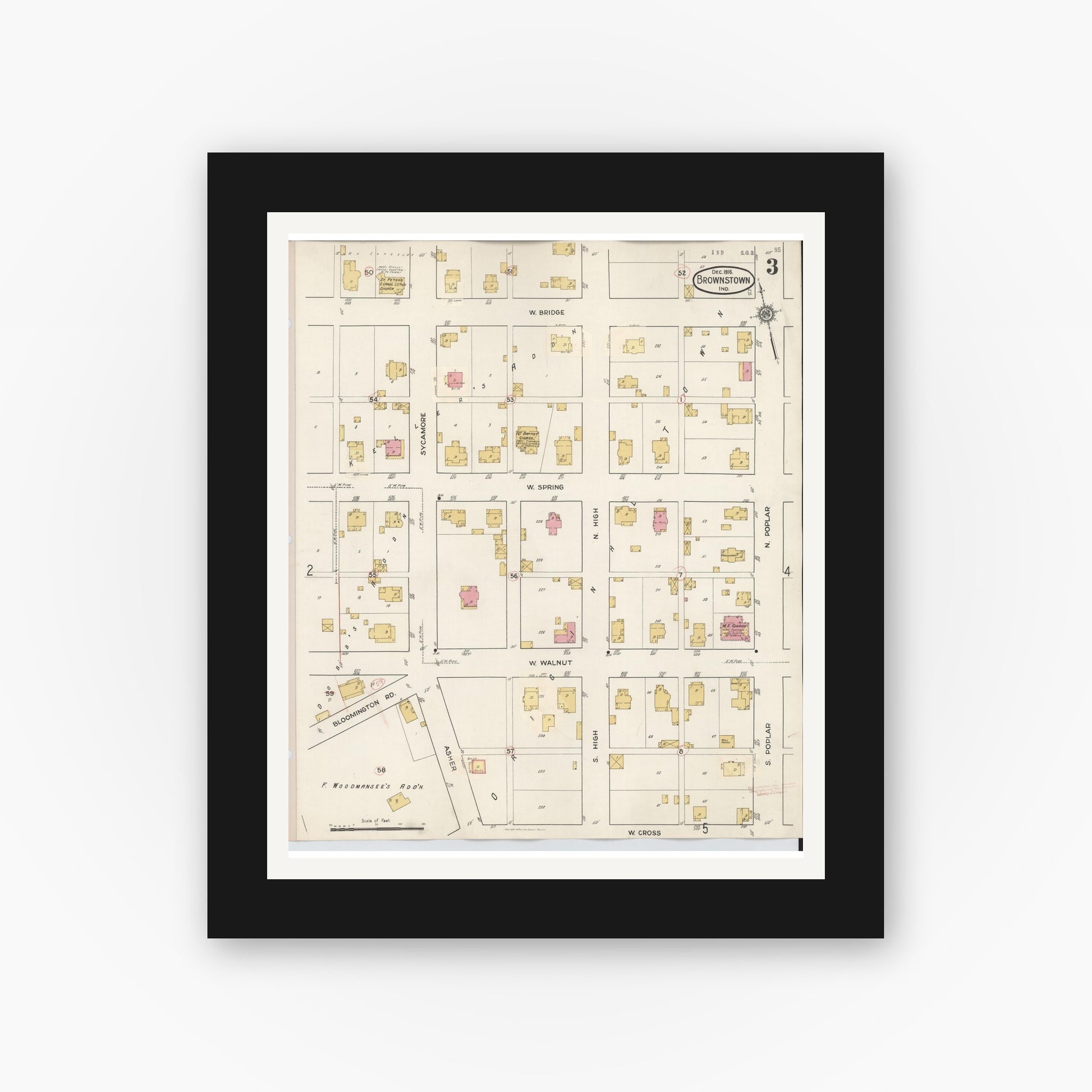 Old map wall art mockup — black gallery frame with white mat — Sanborn Fire Insurance Map from Brownstown, Jackson County, Indiana (1933), Sheet #0003