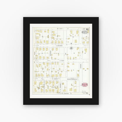 Old map wall art mockup — black gallery frame with white mat — Sanborn Fire Insurance Map from Marshall, Harrison County, Texas (1909), Sheet #0012