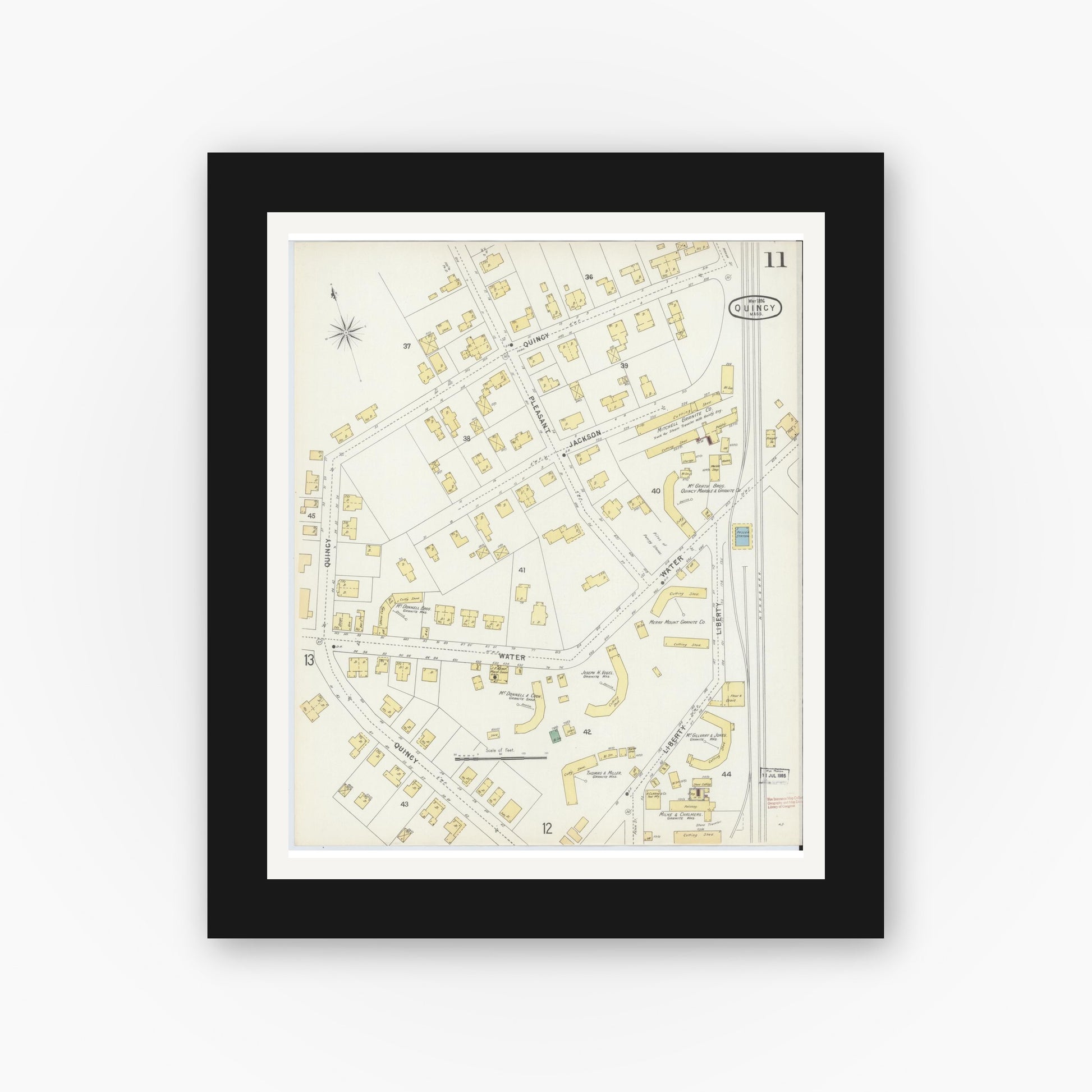 Old map wall art mockup — black gallery frame with white mat — Sanborn Fire Insurance Map from Quincy, Norfolk County, Massachusetts (1896), Sheet #0011