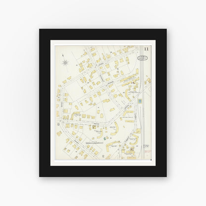 Old map wall art mockup — black gallery frame with white mat — Sanborn Fire Insurance Map from Quincy, Norfolk County, Massachusetts (1896), Sheet #0011