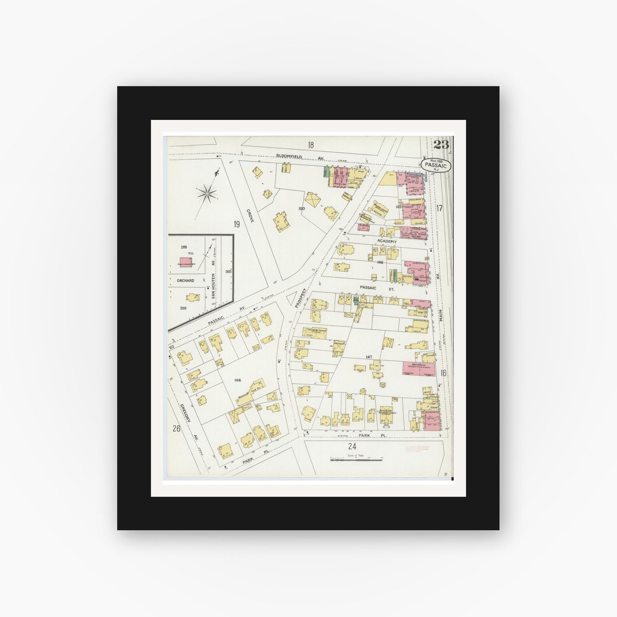 Old map wall art mockup — black gallery frame with white mat — Sanborn Fire Insurance Map from Passaic, Passaic County, New Jersey (1899), Sheet #0023