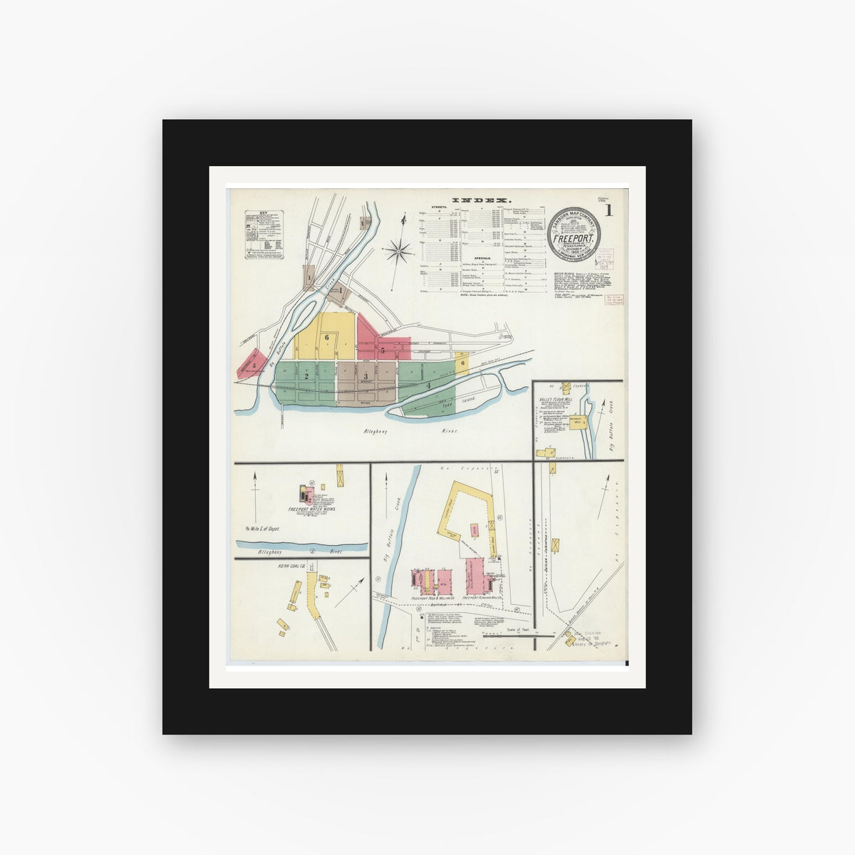 Old map wall art mockup — black gallery frame with white mat — Sanborn Fire Insurance Map from Freeport, Armstrong County, Pennsylvania (1902) - Complete Map Set