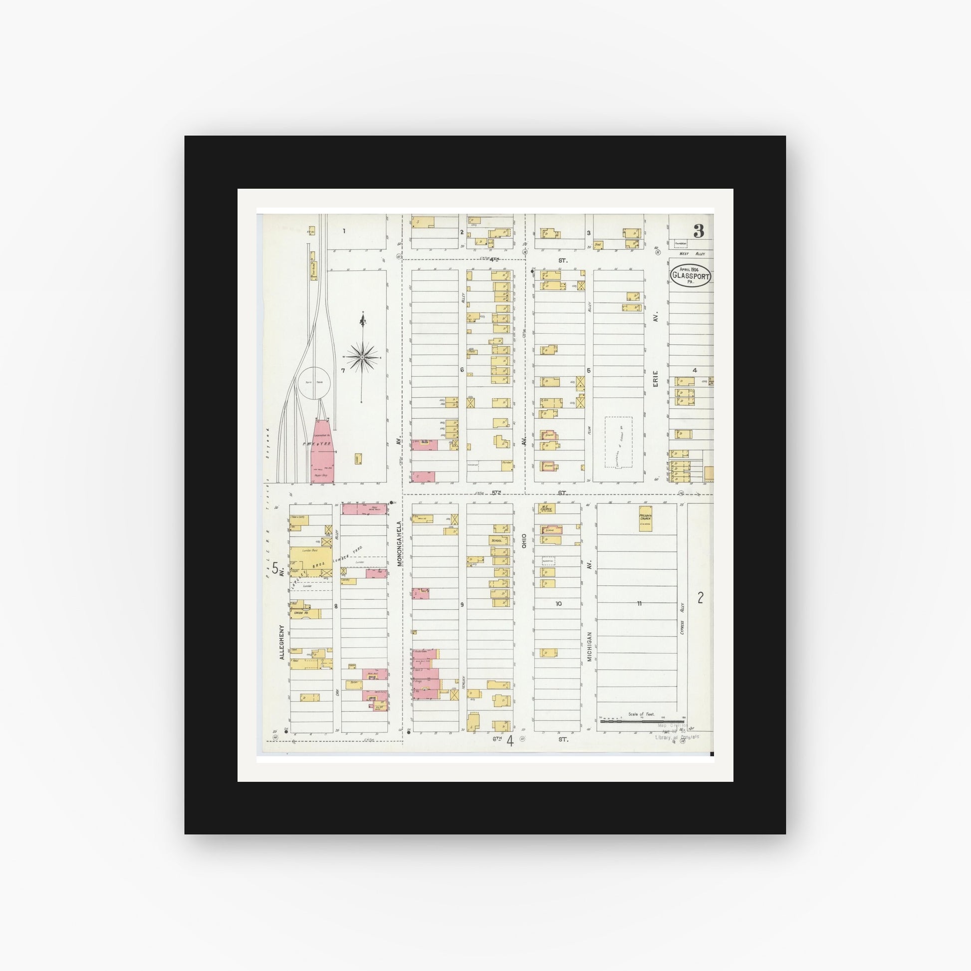 Old map wall art mockup — black gallery frame with white mat — Sanborn Fire Insurance Map from Glassport, Allegheny County, Pennsylvania (1904), Sheet #0003
