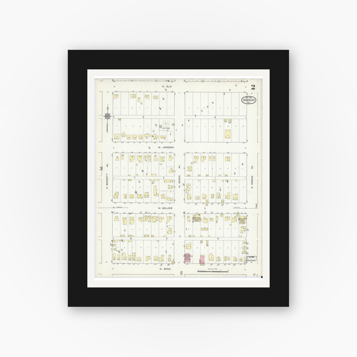 Old map wall art mockup — black gallery frame with white mat — Sanborn Fire Insurance Map from Denison, Grayson County, Texas (1914), Sheet #0002