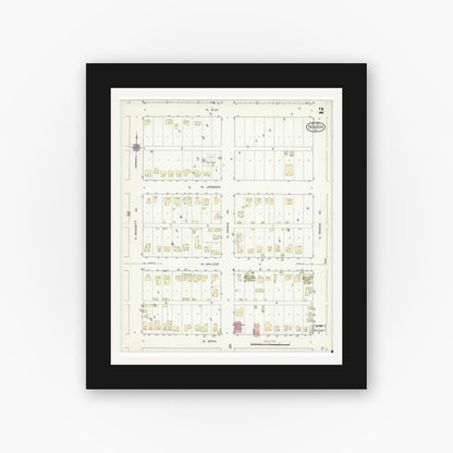 Old map wall art mockup — black gallery frame with white mat — Sanborn Fire Insurance Map from Denison, Grayson County, Texas (1914), Sheet #0002