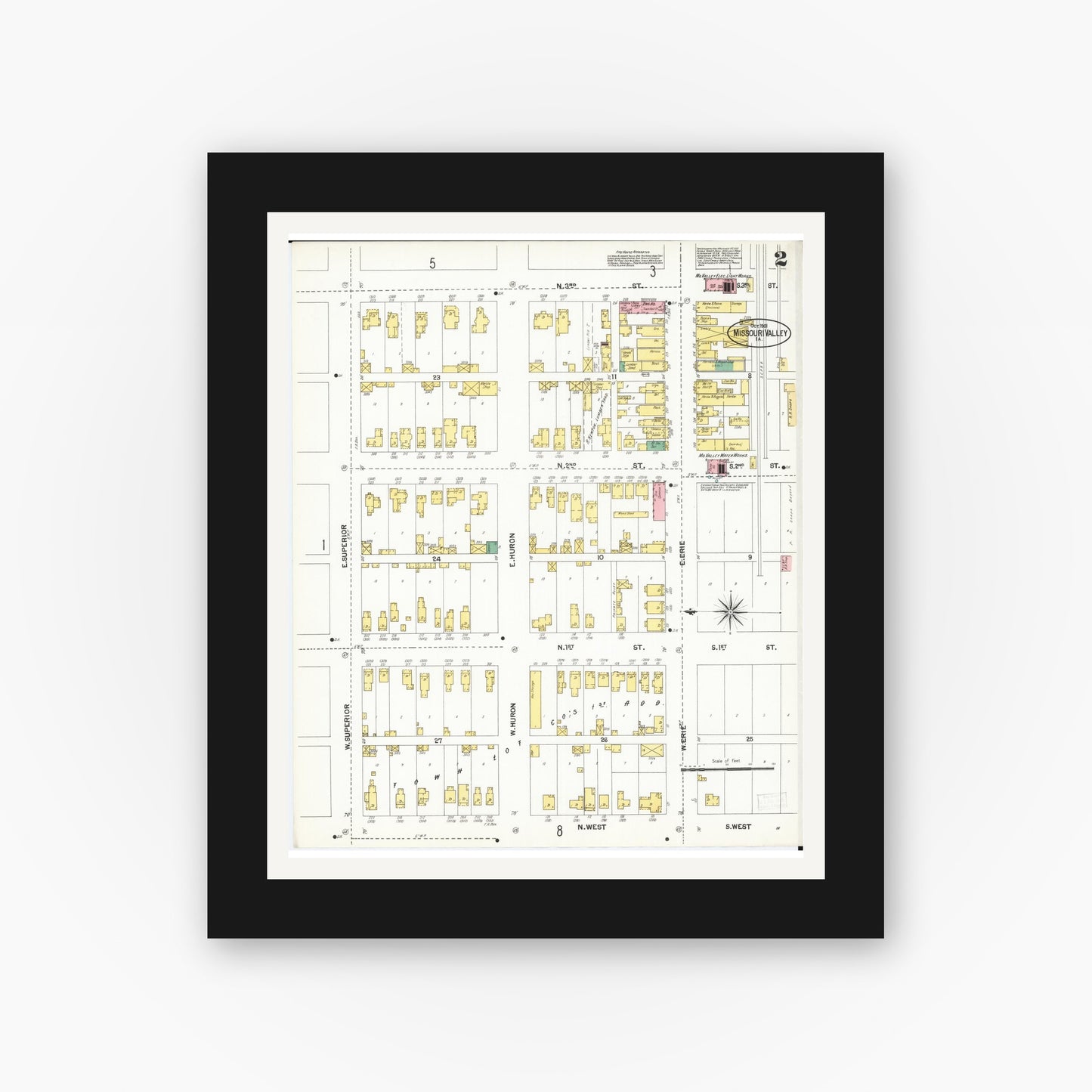 Old map wall art mockup — black gallery frame with white mat — Sanborn Fire Insurance Map from Missouri Valley, Harrison County, Iowa (1901), Sheet #0002