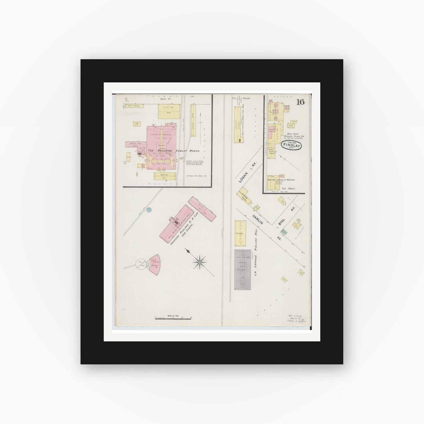 Old map wall art mockup — black gallery frame with white mat — Sanborn Fire Insurance Map from Findlay, Hancock County, Ohio (1890), Sheet #0016