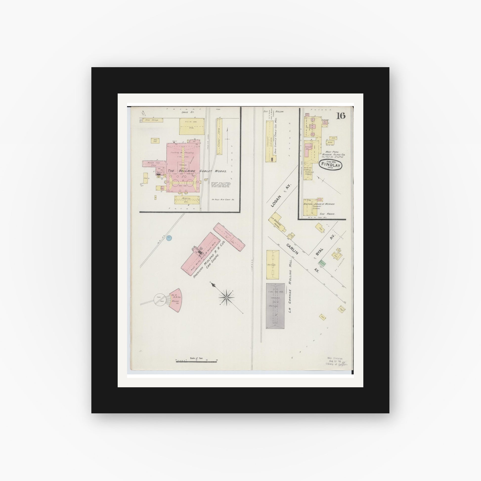 Old map wall art mockup — black gallery frame with white mat — Sanborn Fire Insurance Map from Findlay, Hancock County, Ohio (1890), Sheet #0016
