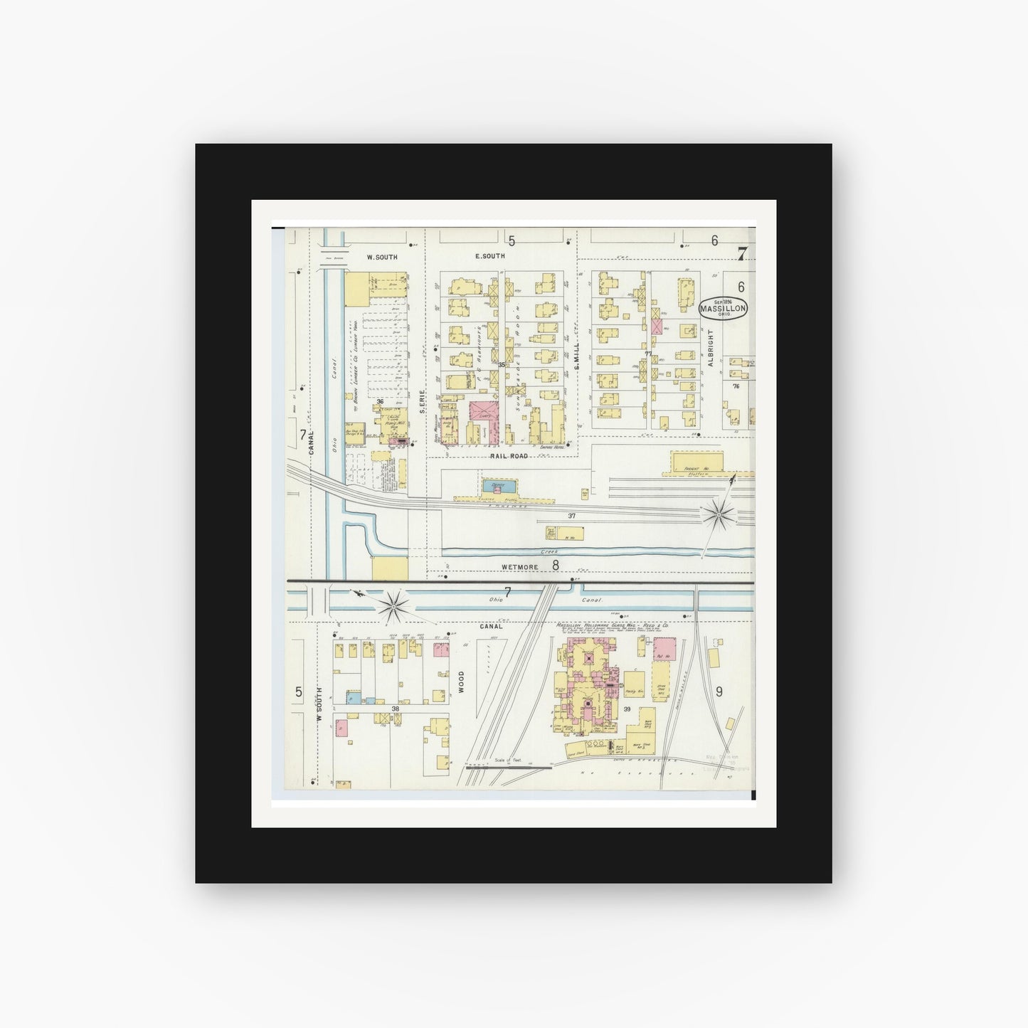 Old map wall art mockup — black gallery frame with white mat — Sanborn Fire Insurance Map from Massillon, Stark County, Ohio (1896), Sheet #0007