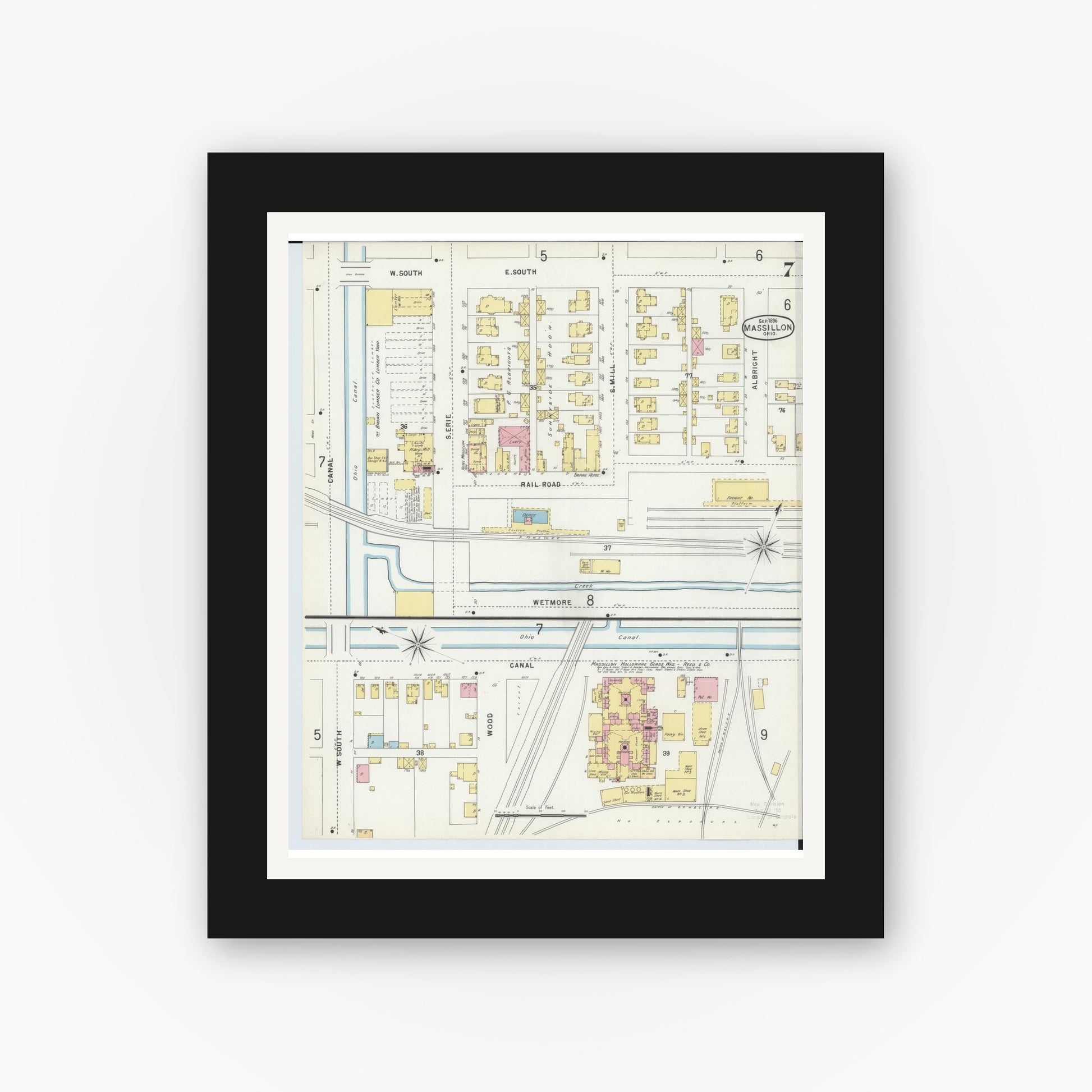 Old map wall art mockup — black gallery frame with white mat — Sanborn Fire Insurance Map from Massillon, Stark County, Ohio (1896), Sheet #0007