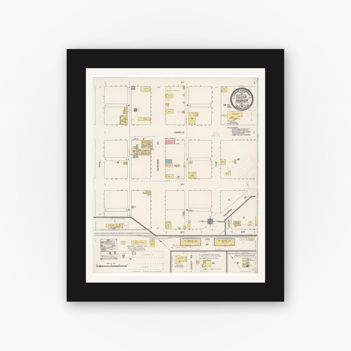 Old map wall art mockup — black gallery frame with white mat — Sanborn Fire Insurance Map from Hughson, Stanislaus County, California (1912), Sheet #0001