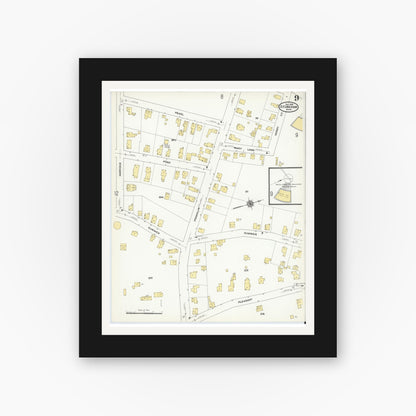 Old map wall art mockup — black gallery frame with white mat — Sanborn Fire Insurance Map from Stoneham, Middlesex County, Massachusetts (1909), Sheet #0009