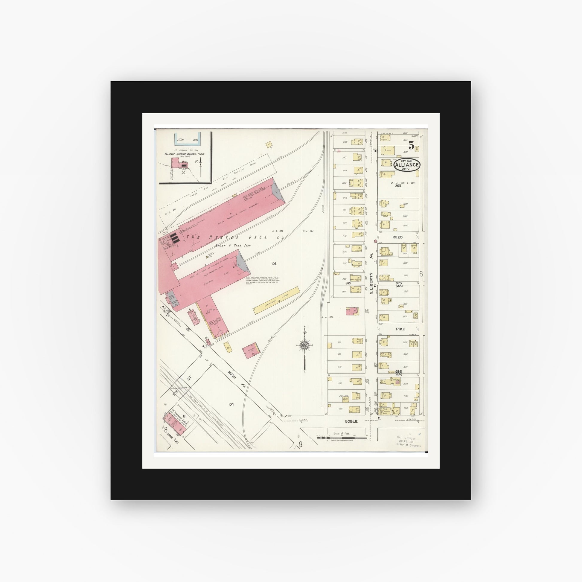 Old map wall art mockup — black gallery frame with white mat — Sanborn Fire Insurance Map from Alliance, Stark County, Ohio (1921), Sheet #0005