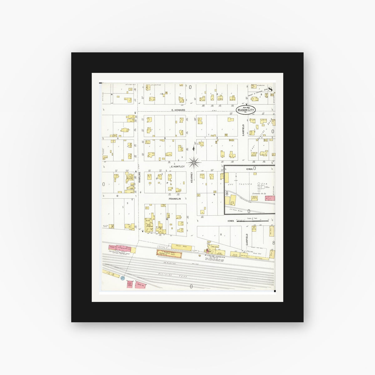 Old map wall art mockup — black gallery frame with white mat — Sanborn Fire Insurance Map from Mason City, Cerro Gordo County, Iowa (1901), Sheet #0008