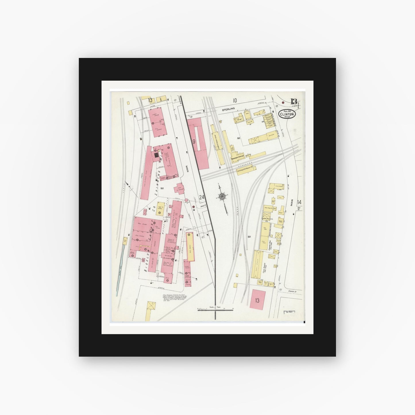 Old map wall art mockup — black gallery frame with white mat — Sanborn Fire Insurance Map from Clinton, Worcester County, Massachusetts (1911), Sheet #0013