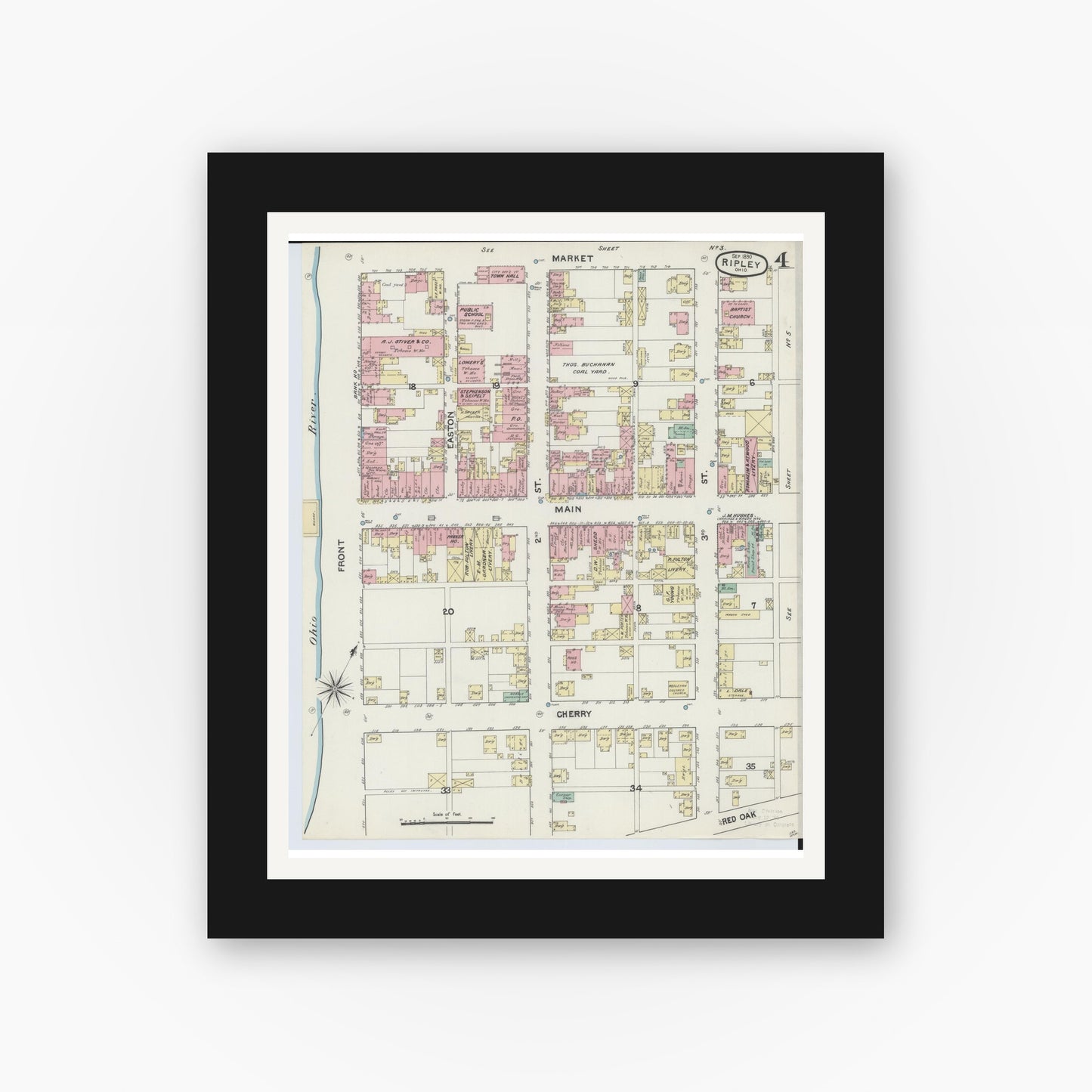 Old map wall art mockup — black gallery frame with white mat — Sanborn Fire Insurance Map from Ripley, Brown County, Ohio (1890), Sheet #0004