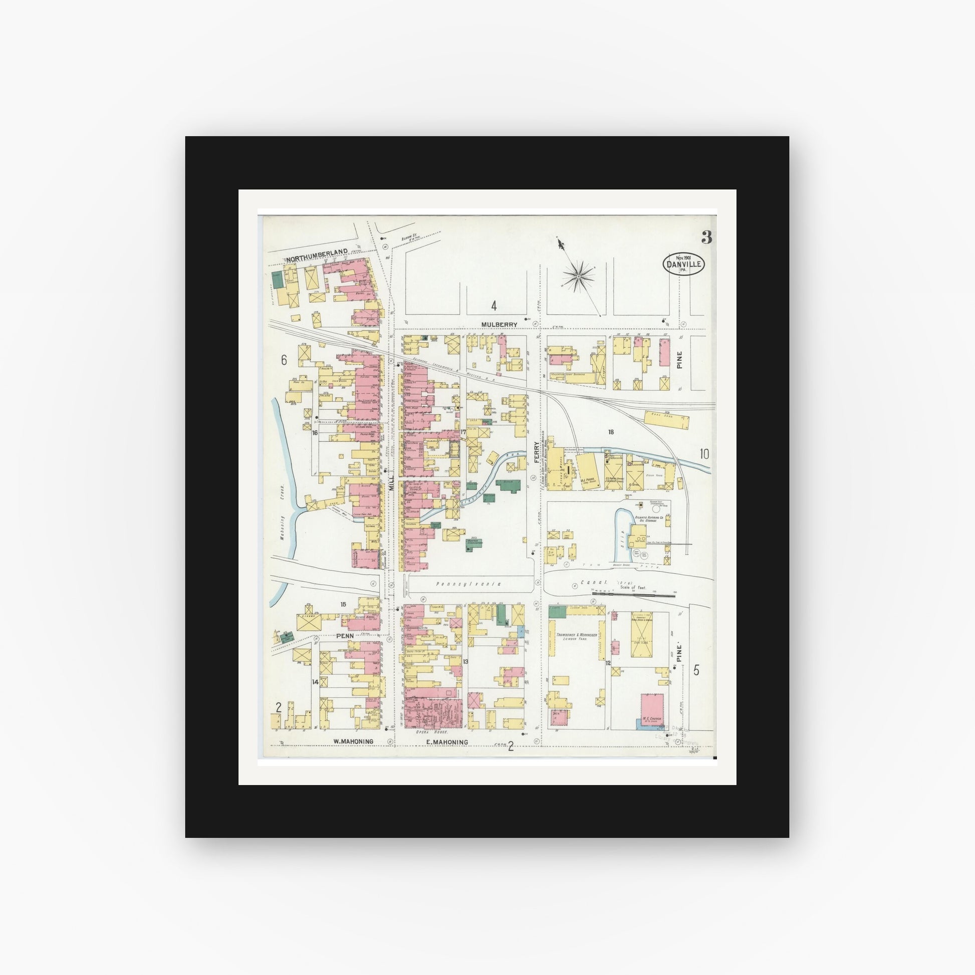 Old map wall art mockup — black gallery frame with white mat — Sanborn Fire Insurance Map from Danville, Montour County, Pennsylvania (1901), Sheet #0003