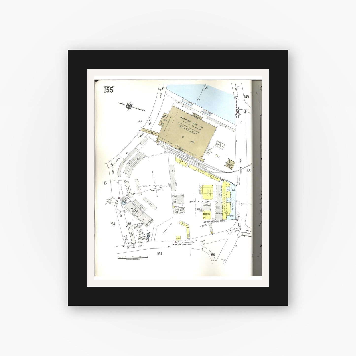 Old map wall art mockup — black gallery frame with white mat — Sanborn Fire Insurance Map from Honolulu, Oahu County, Hawaii (1955), Sheet #0155