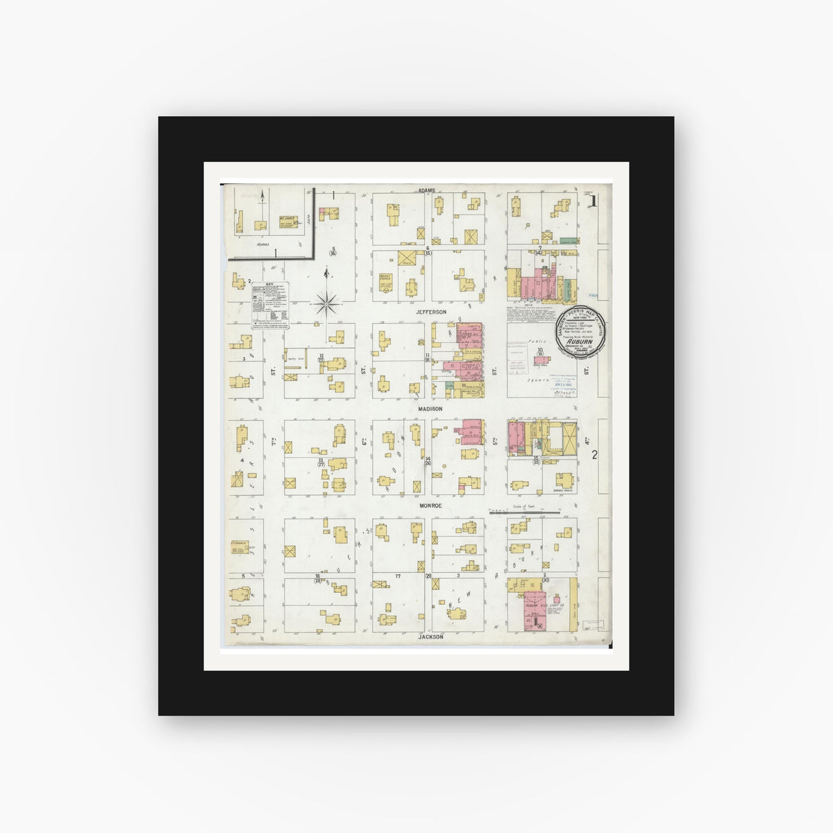 Old map wall art mockup — black gallery frame with white mat — Sanborn Fire Insurance Map from Auburn, Sangamon County, Illinois (1900), Sheet #0001