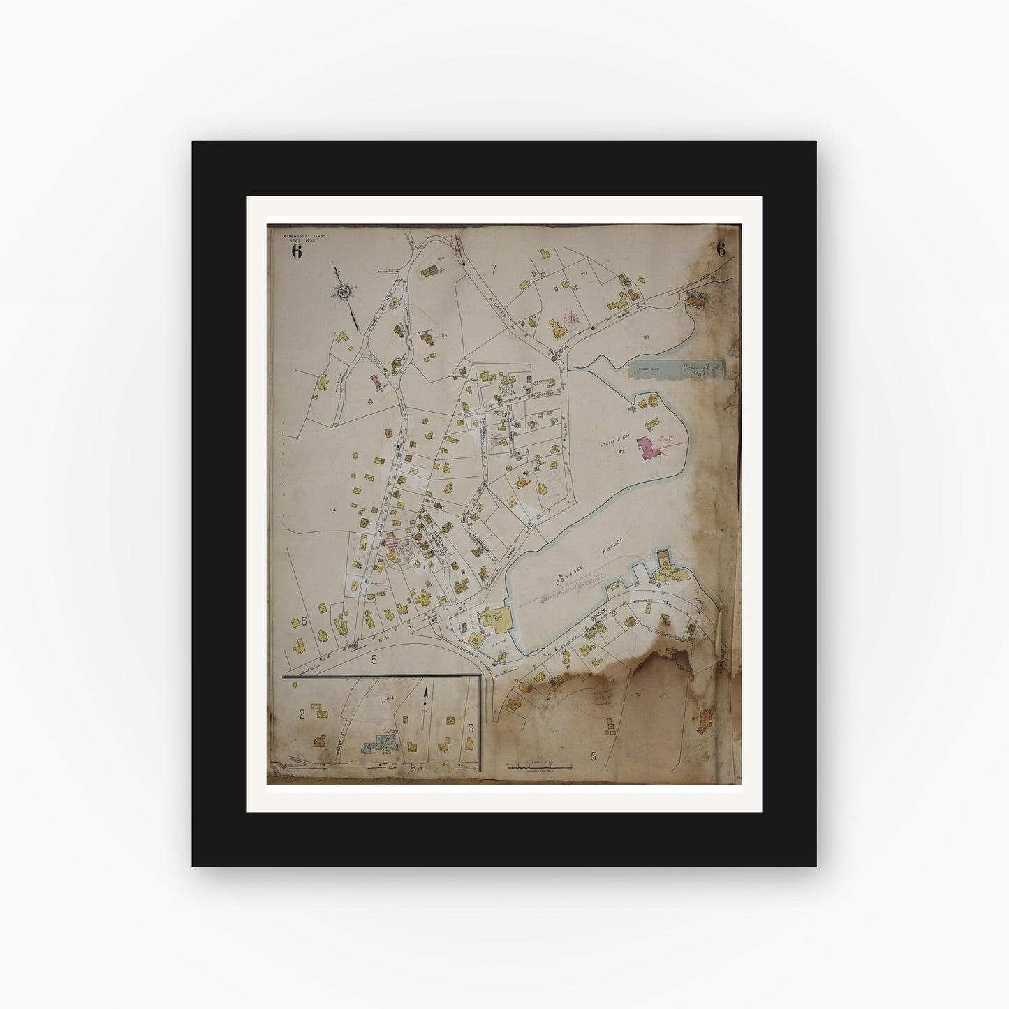 Old map wall art mockup — black gallery frame with white mat — Sanborn Fire Insurance Map from Cohasset, Norfolk County, Massachusetts (1963), Sheet #0006