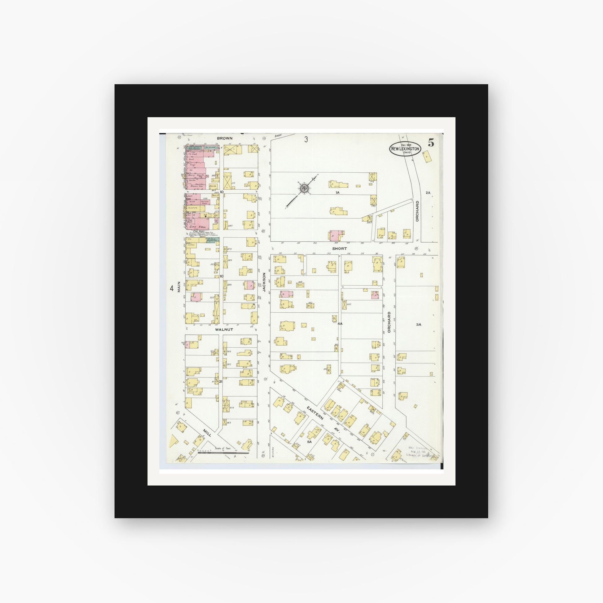 Old map wall art mockup — black gallery frame with white mat — Sanborn Fire Insurance Map from New Lexington, Perry County, Ohio (1909), Sheet #0005