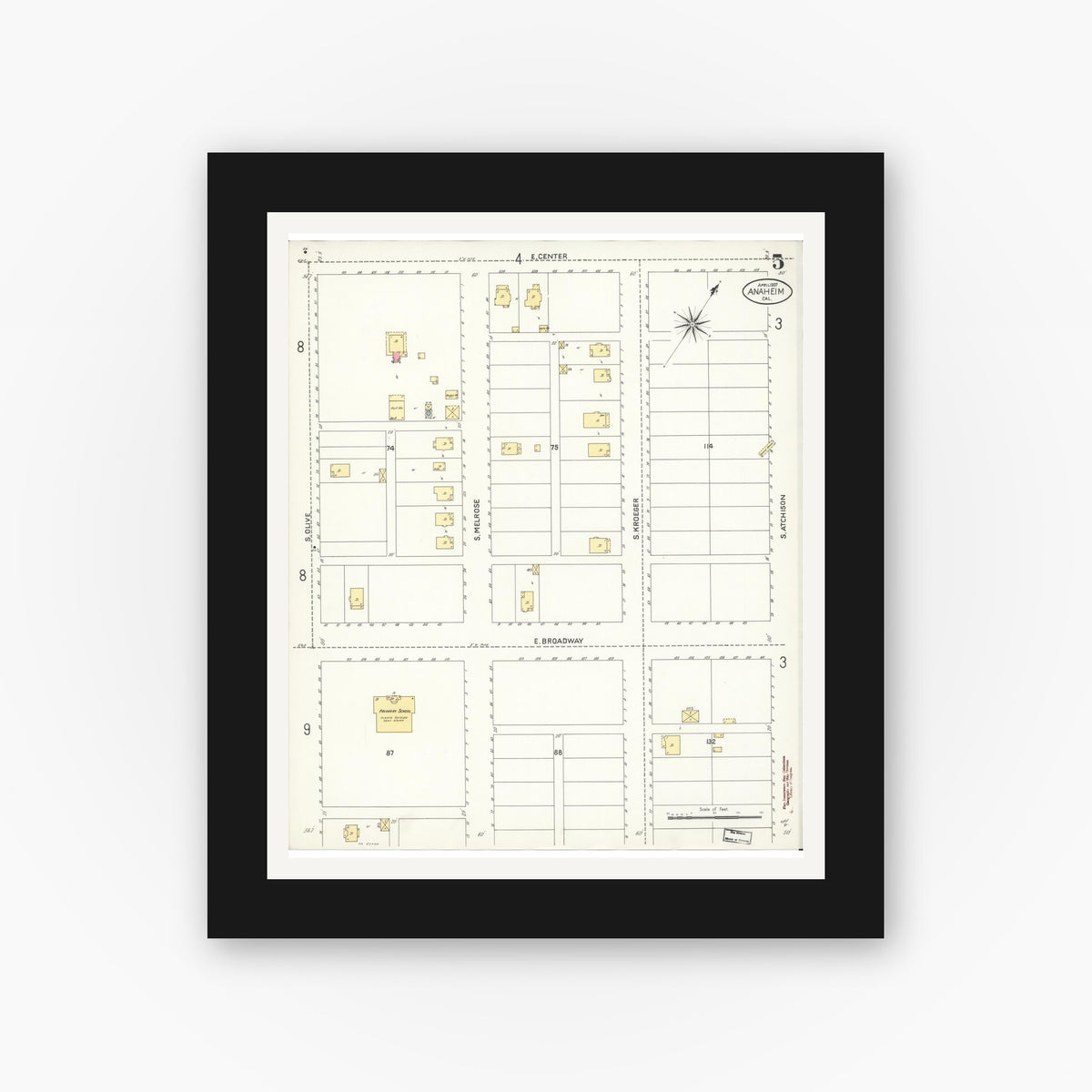 Old map wall art mockup — black gallery frame with white mat — Sanborn Fire Insurance Map from Anaheim, Orange County, California (1907), Sheet #0005