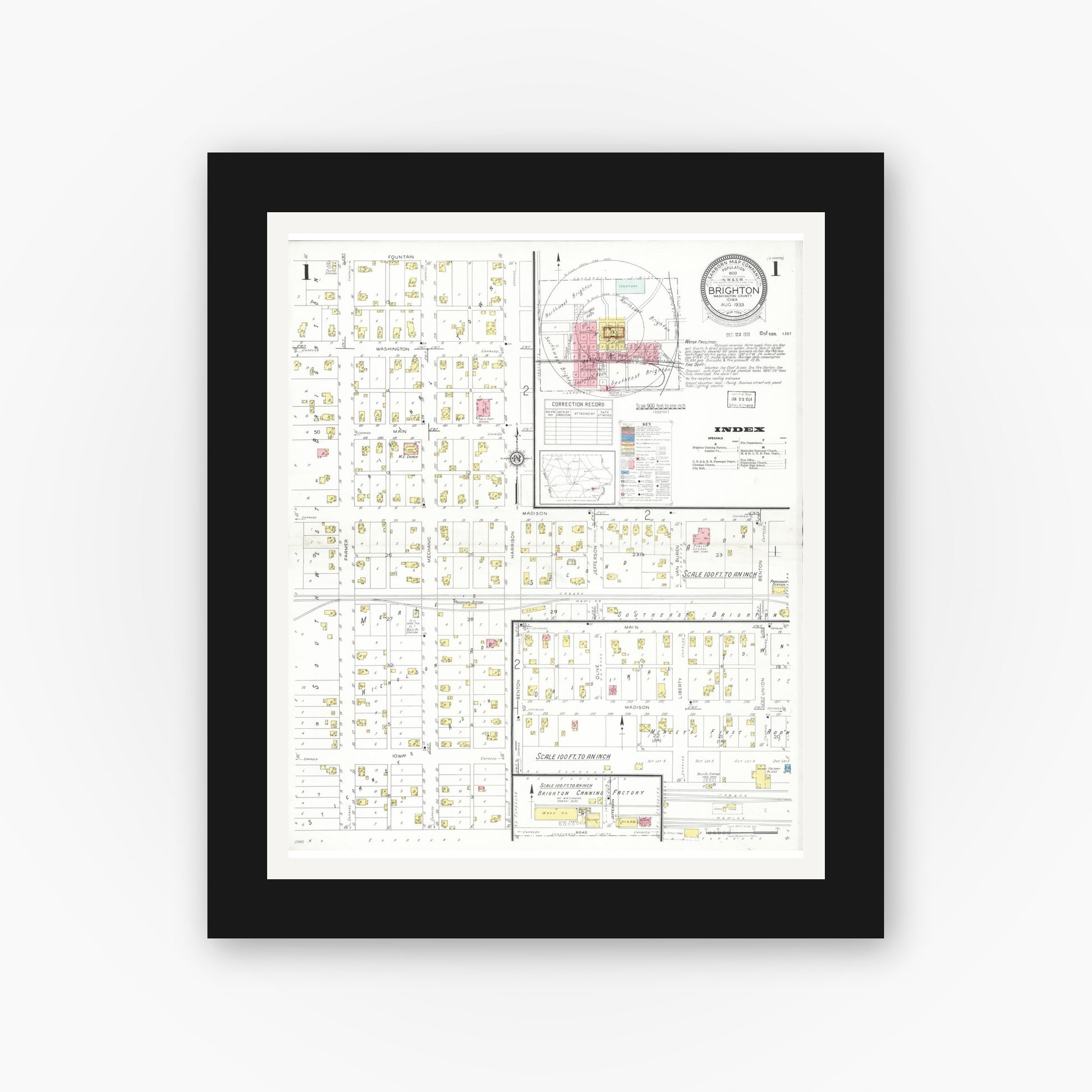 Old map wall art mockup — black gallery frame with white mat — Sanborn Fire Insurance Map from Brighton, Washington County, Iowa (1933) â€” Complete Set
